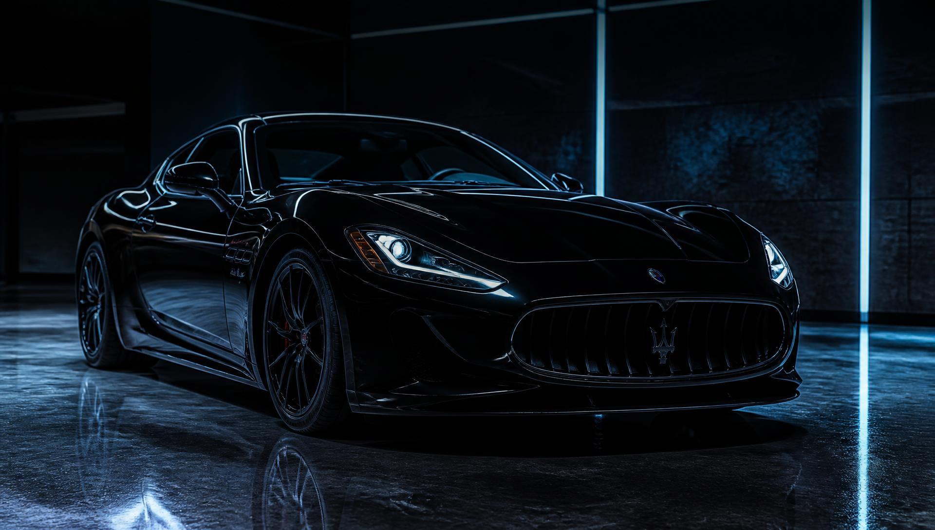 Ceramic-coated black sports car lit by cyan ambient light strips